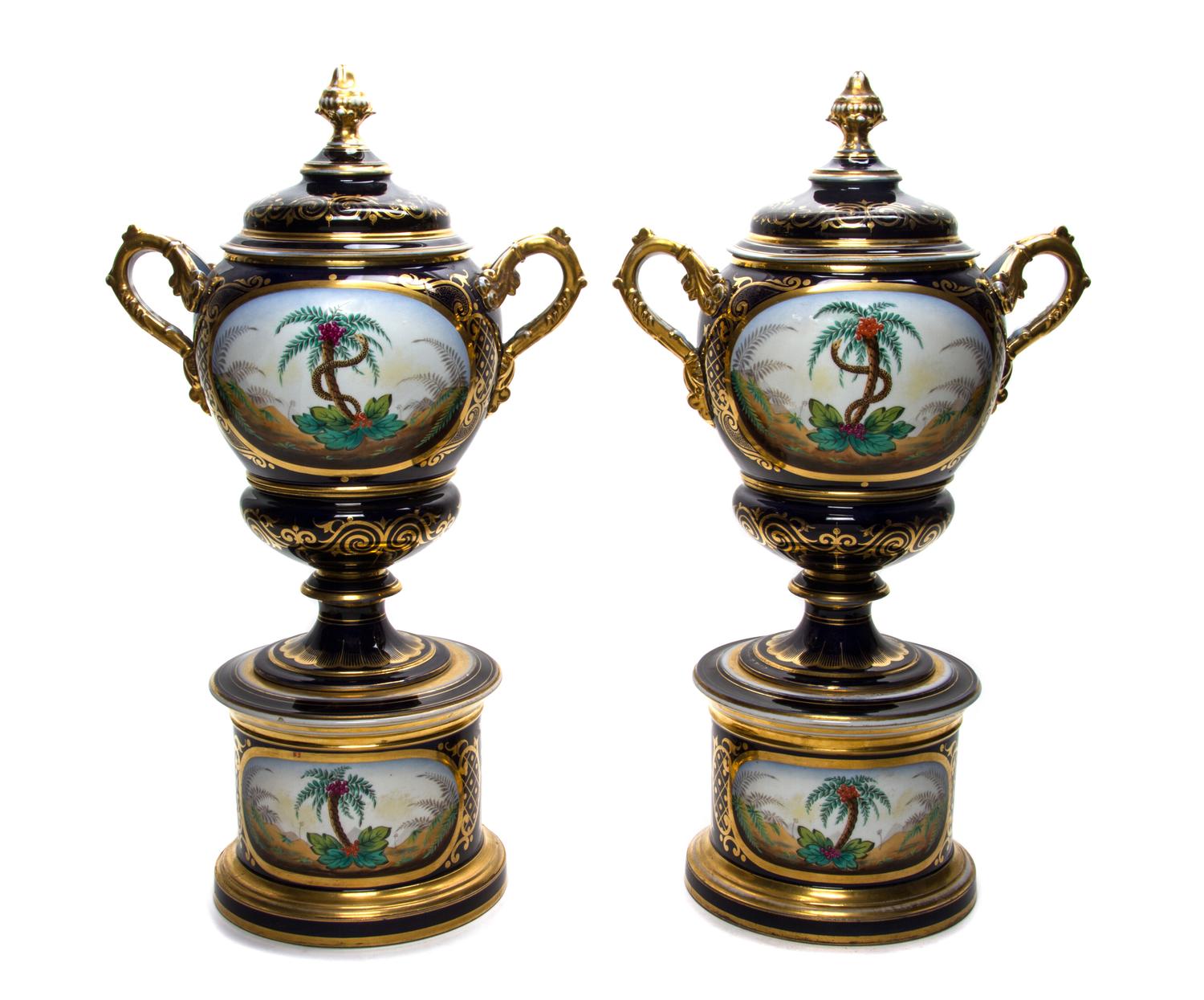 A Pair of Paris Porcelain Urns and Covers, 19TH CENTURY, Height 19 inches. — 19TH CENTURY,