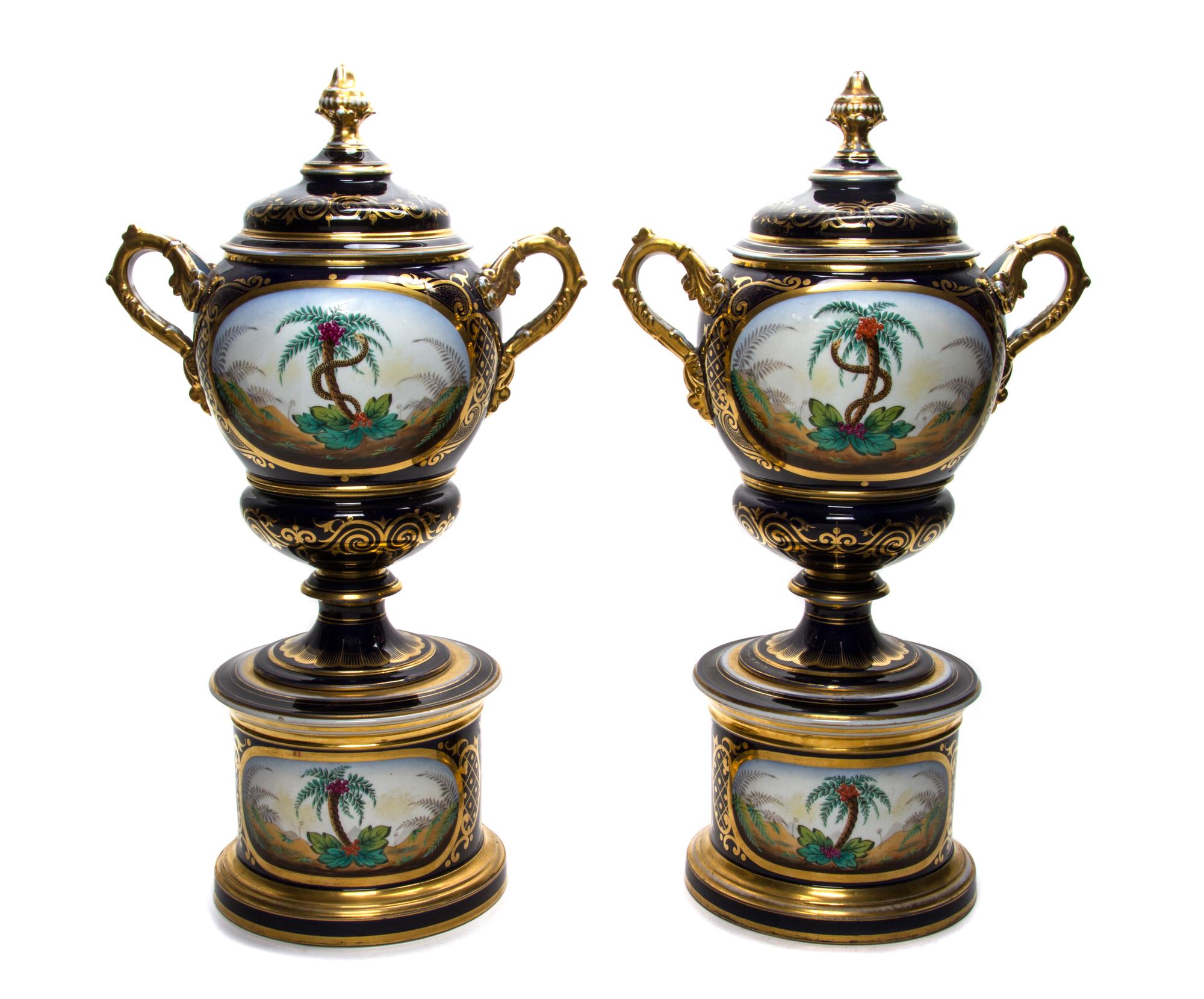 A Pair of Paris Porcelain Urns and Covers, 19TH CENTURY, Height 19 inches. — 19TH CENTURY,