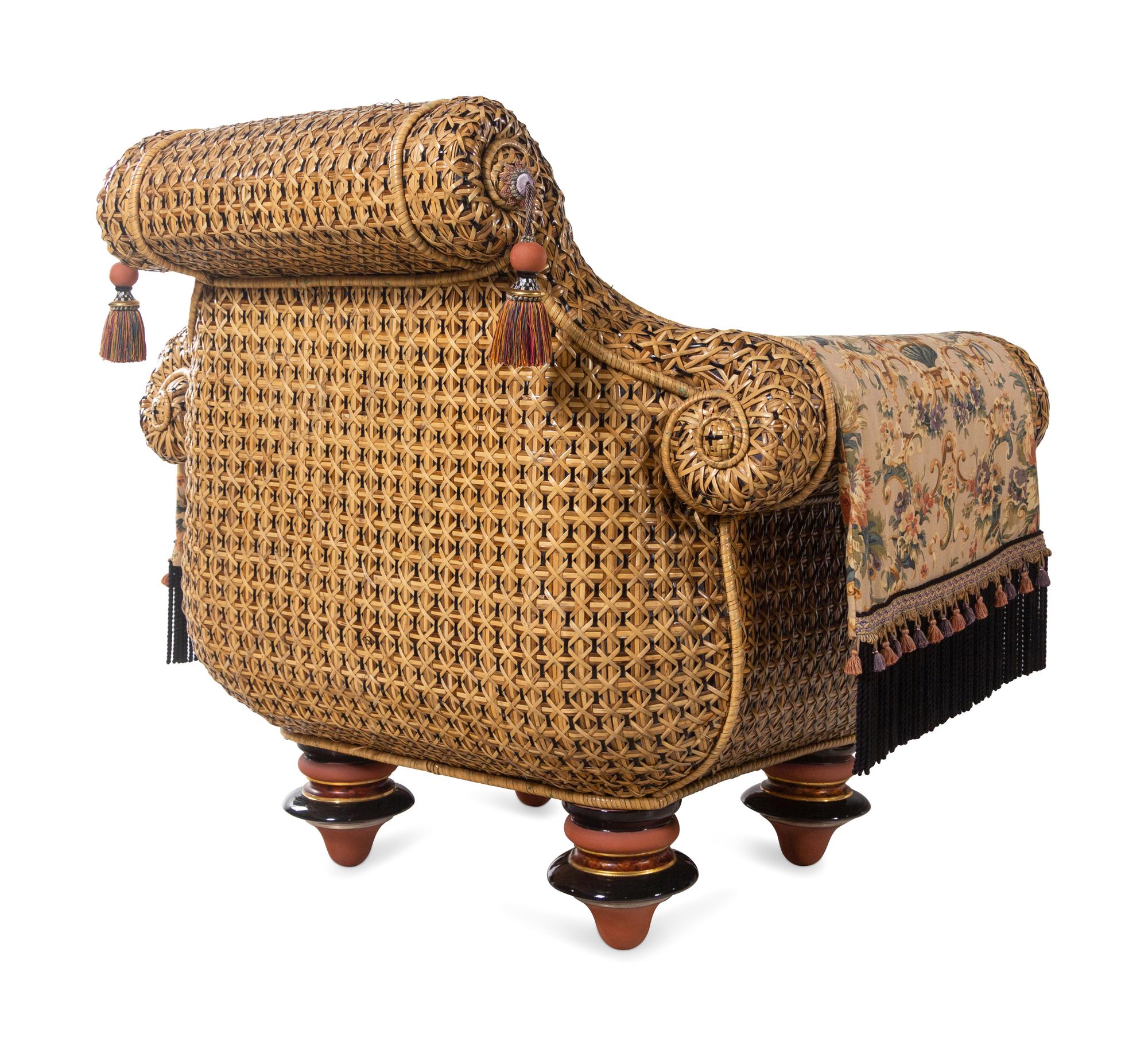 A Pair of Mackenzie Childs Whimsical Raffia and Upholstery Armchairs