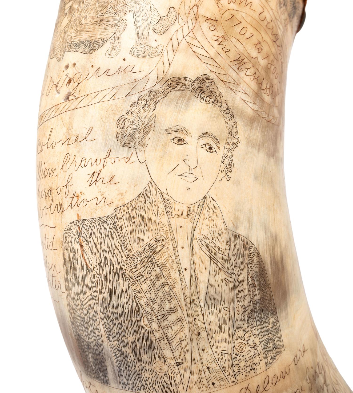 [OHIO VALLEY - 19TH CENTURY]. Decorative scrimshawed "story horn" depicting the " deeds of daring of both heroe and heroein of the 18th century in paveing the way to civilization ," including Daniel Boone, Simon Kenton, and Colonel William.