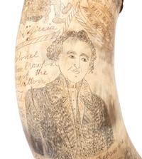 [OHIO VALLEY - 19TH CENTURY]. Decorative scrimshawed "story horn" depicting the " deeds of daring of both heroe and heroein of the 18th century in paveing the way to civilization ," including Daniel Boone, Simon Kenton, and Colonel William.