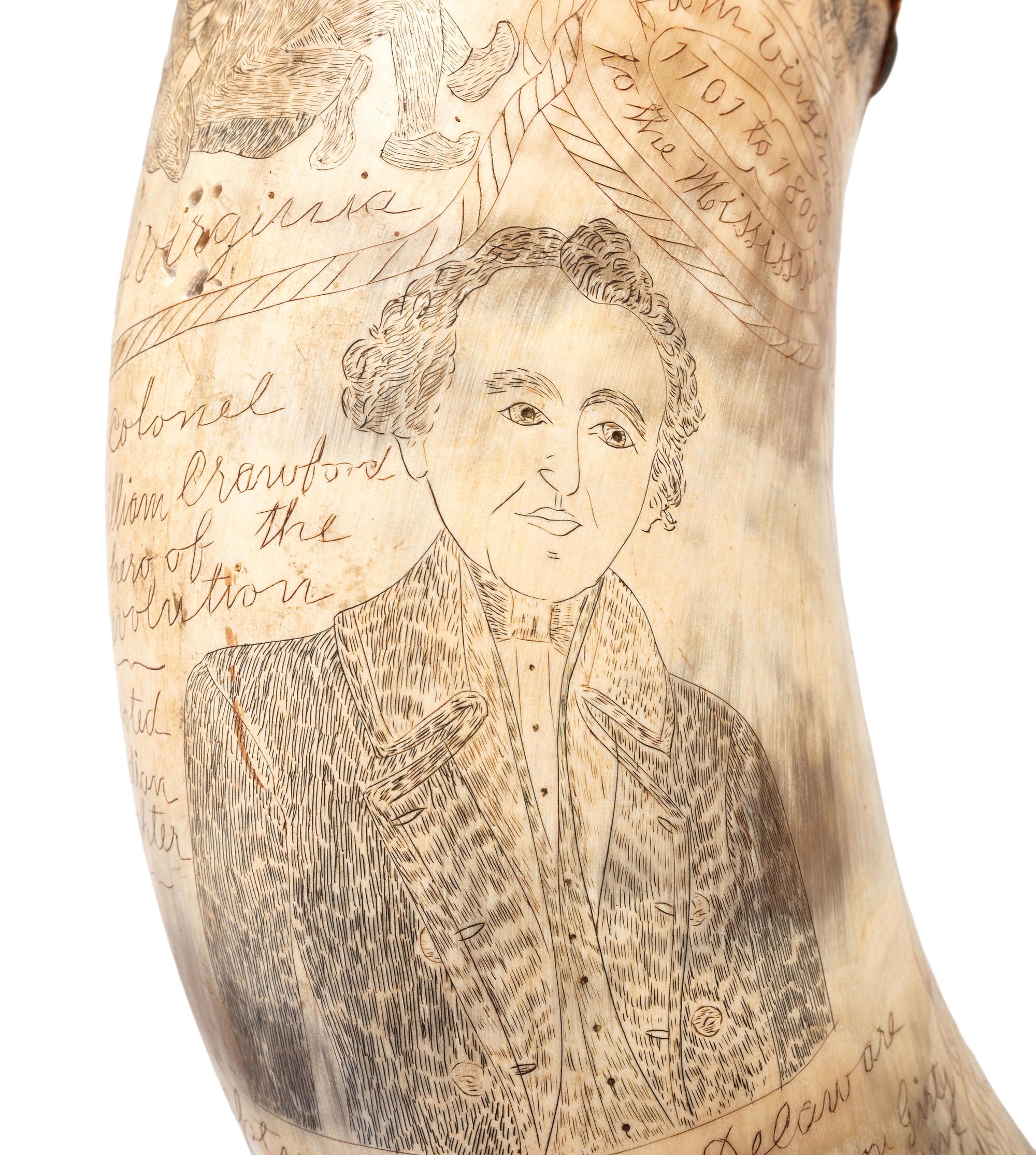 [OHIO VALLEY - 19TH CENTURY]. Decorative scrimshawed "story horn" depicting the " deeds of daring of both heroe and heroein of the 18th century in paveing the way to civilization ," including Daniel Boone, Simon Kenton, and Colonel William.
