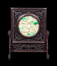 A Chinese Jadiete Inset Reticulated Hardwood Table Screen