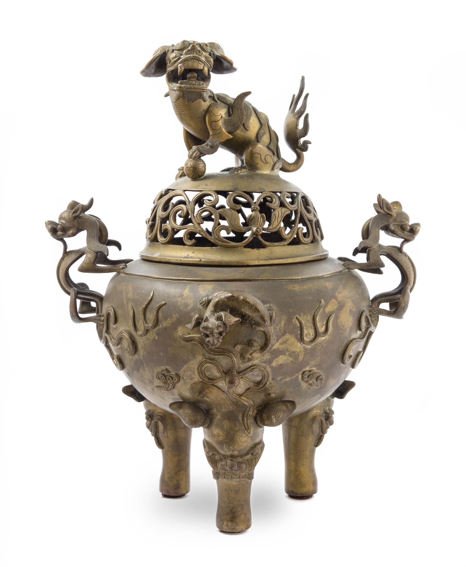 A Large Chinese Bronze Covered Censer 19TH CENTURY, POSSIBLY EARLIER Height 18 inches. — 19TH CENTURY, POSSIBLY EARLIER
