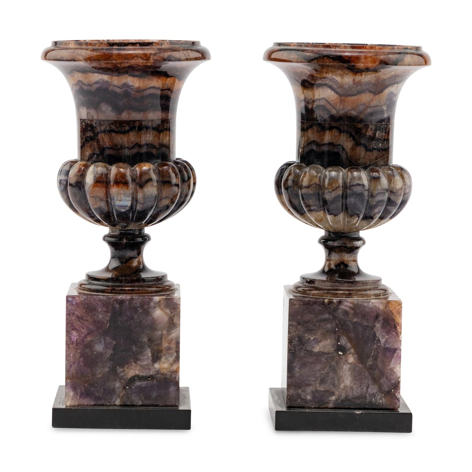 A Pair of English "Blue John" Urns
