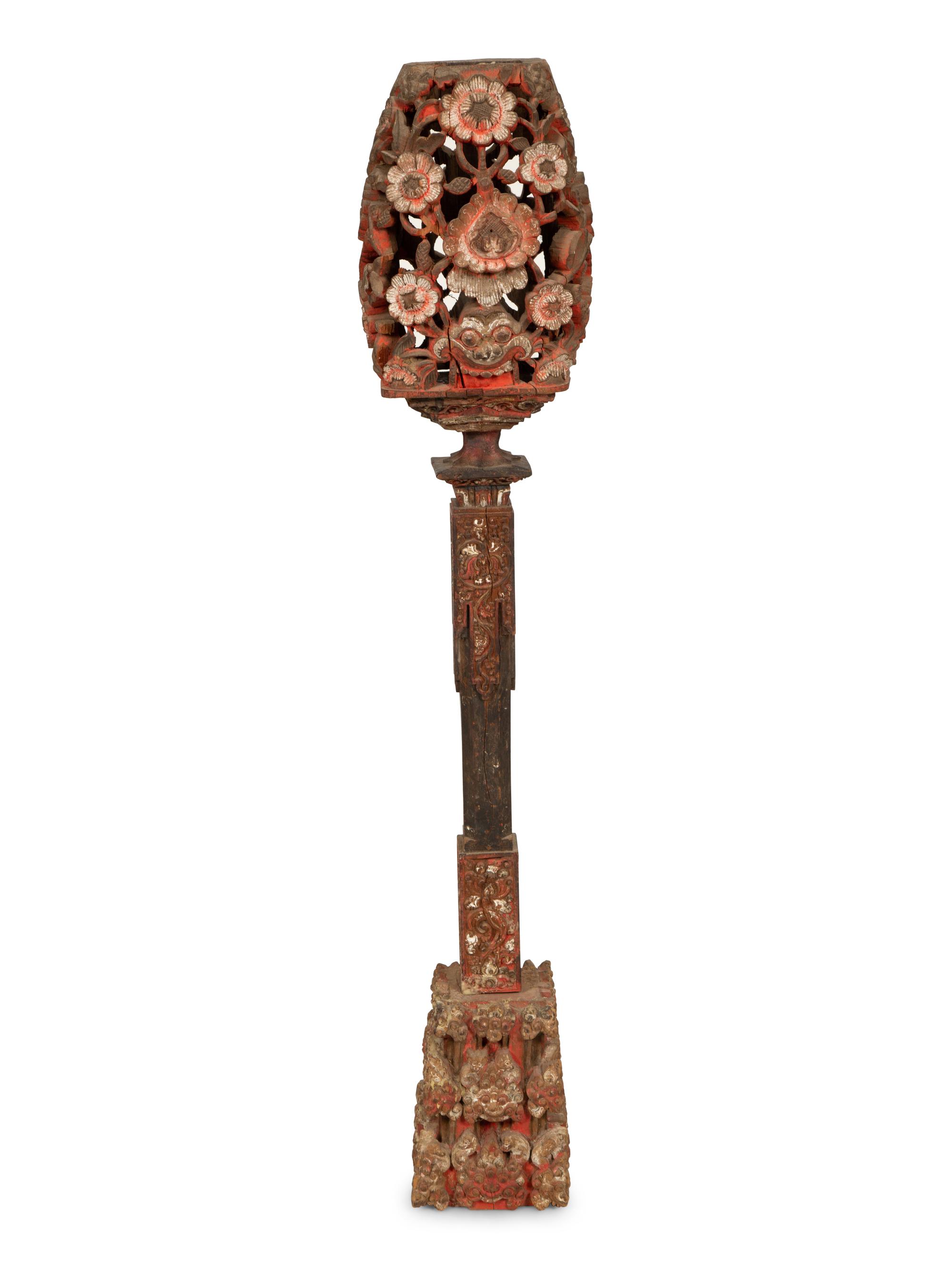 A Chinese Carved and Polychromed Wood Torchère