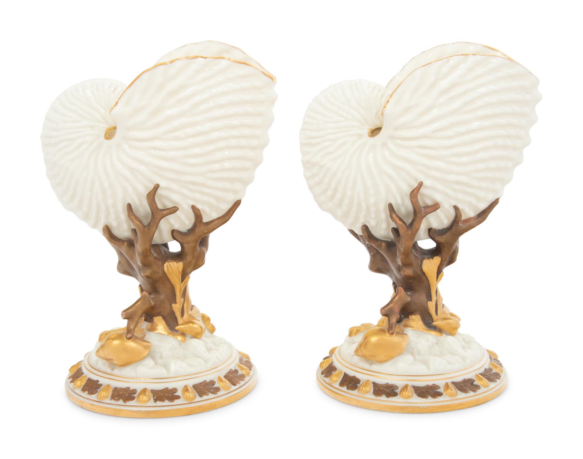 A Pair of Royal Worcester Porcelain Nautilus-Form Ornaments