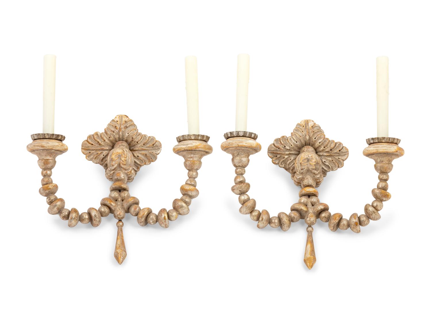 A Pair of Continental Silvered Wood Two-Light Sconces