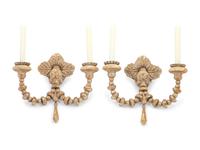 A Pair of Continental Silvered Wood Two-Light Sconces