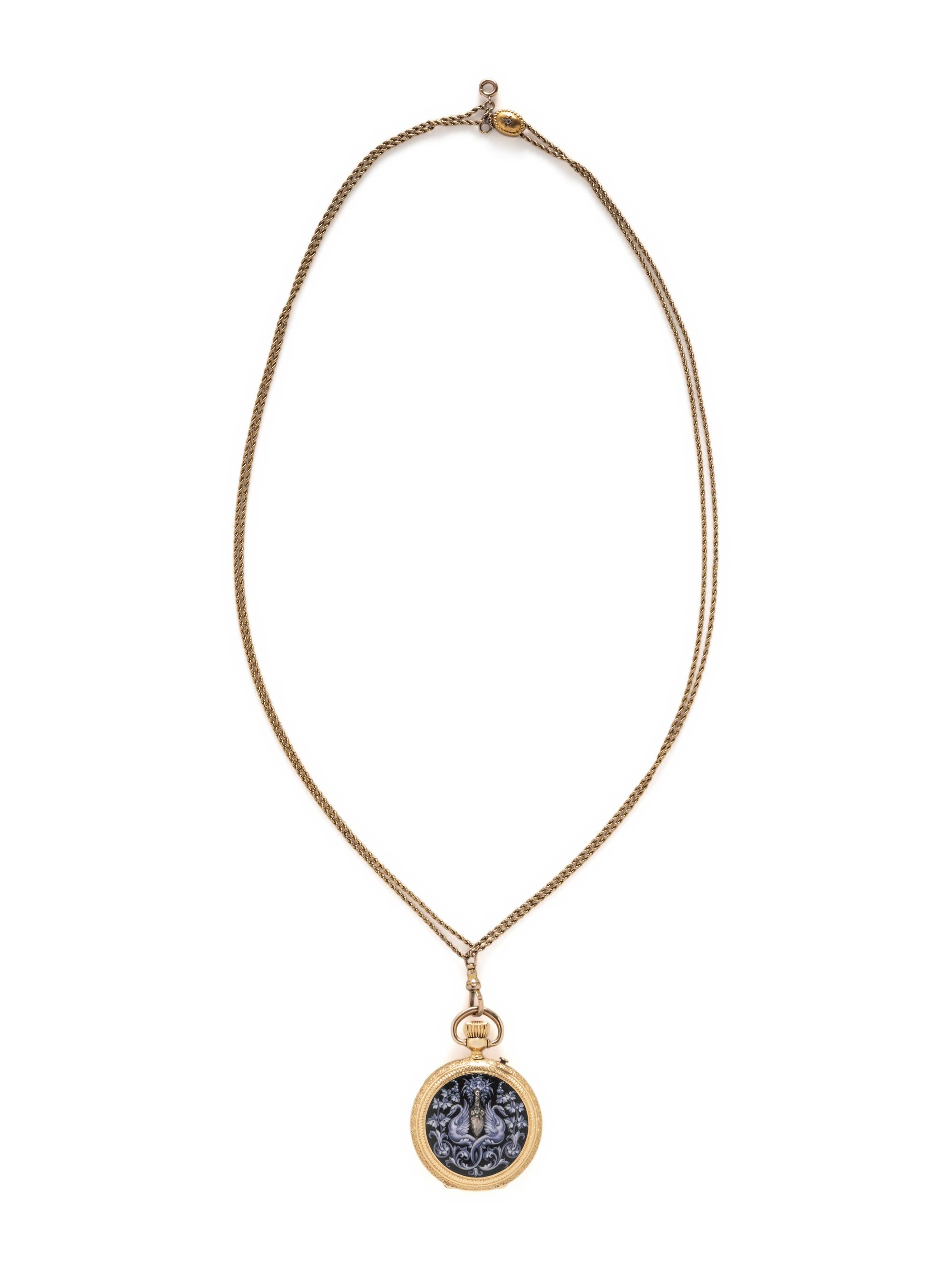 DAVID J. MAGNIN, 18K YELLOW GOLD, ENAMEL, AND DIAMOND POCKET WATCH