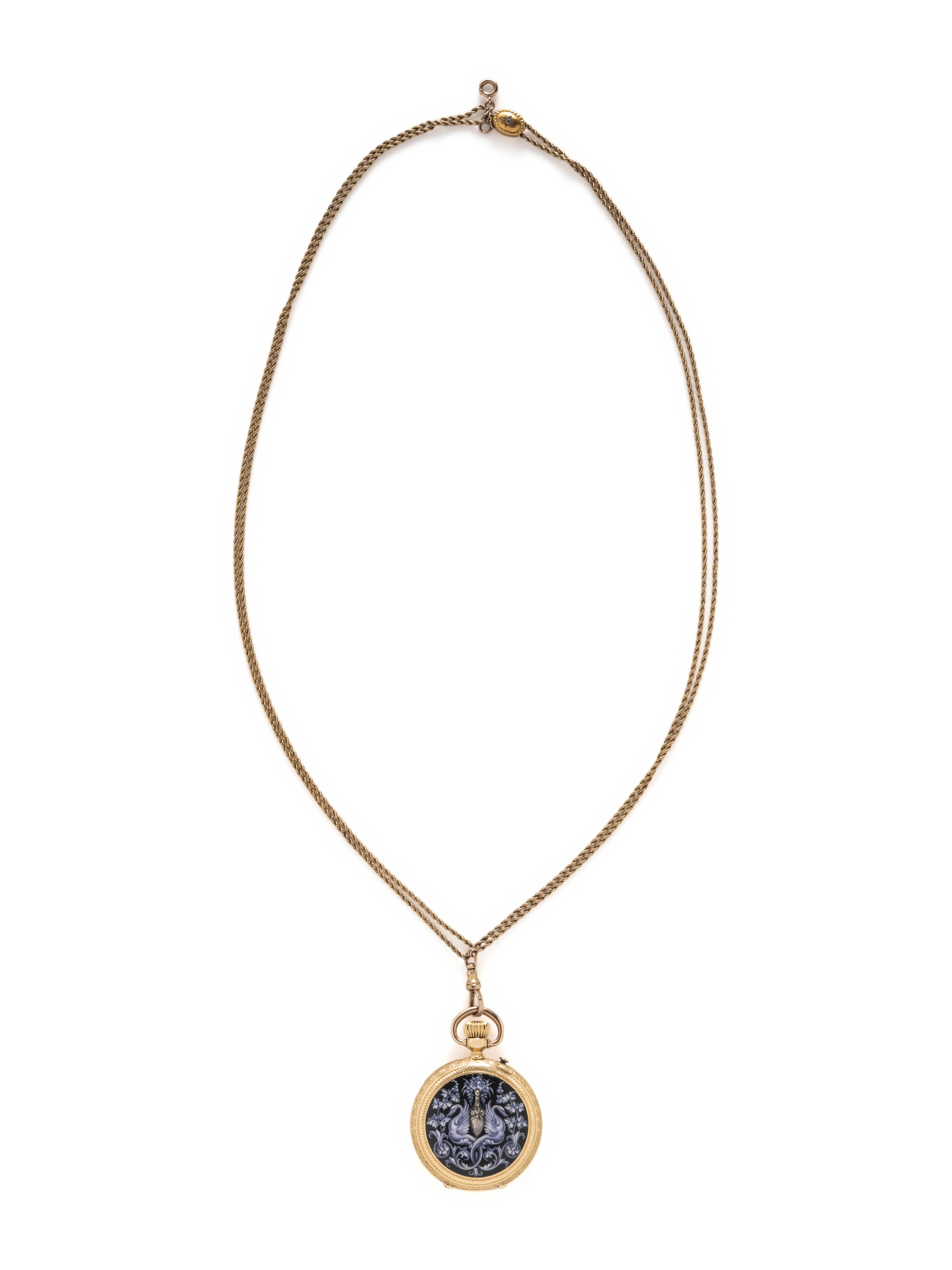 DAVID J. MAGNIN, 18K YELLOW GOLD, ENAMEL, AND DIAMOND POCKET WATCH