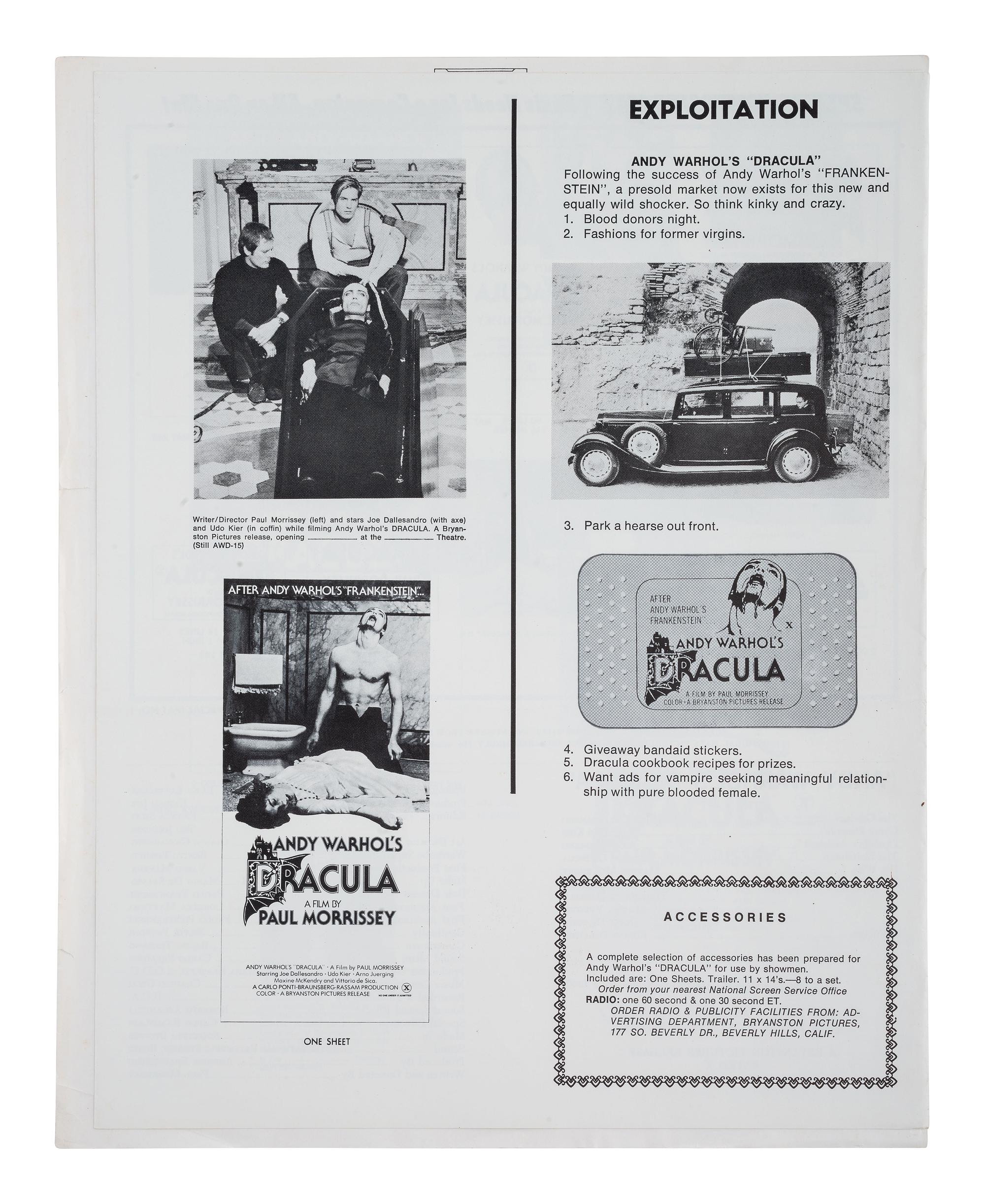 [WARHOL, Andy]. 2 original "Press Books" for Andy Warhol films Dracula and Frankenstein.