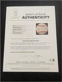 A Sandy Koufax Single Signed Autograph Baseball (Beckett Authentication Services Letter)