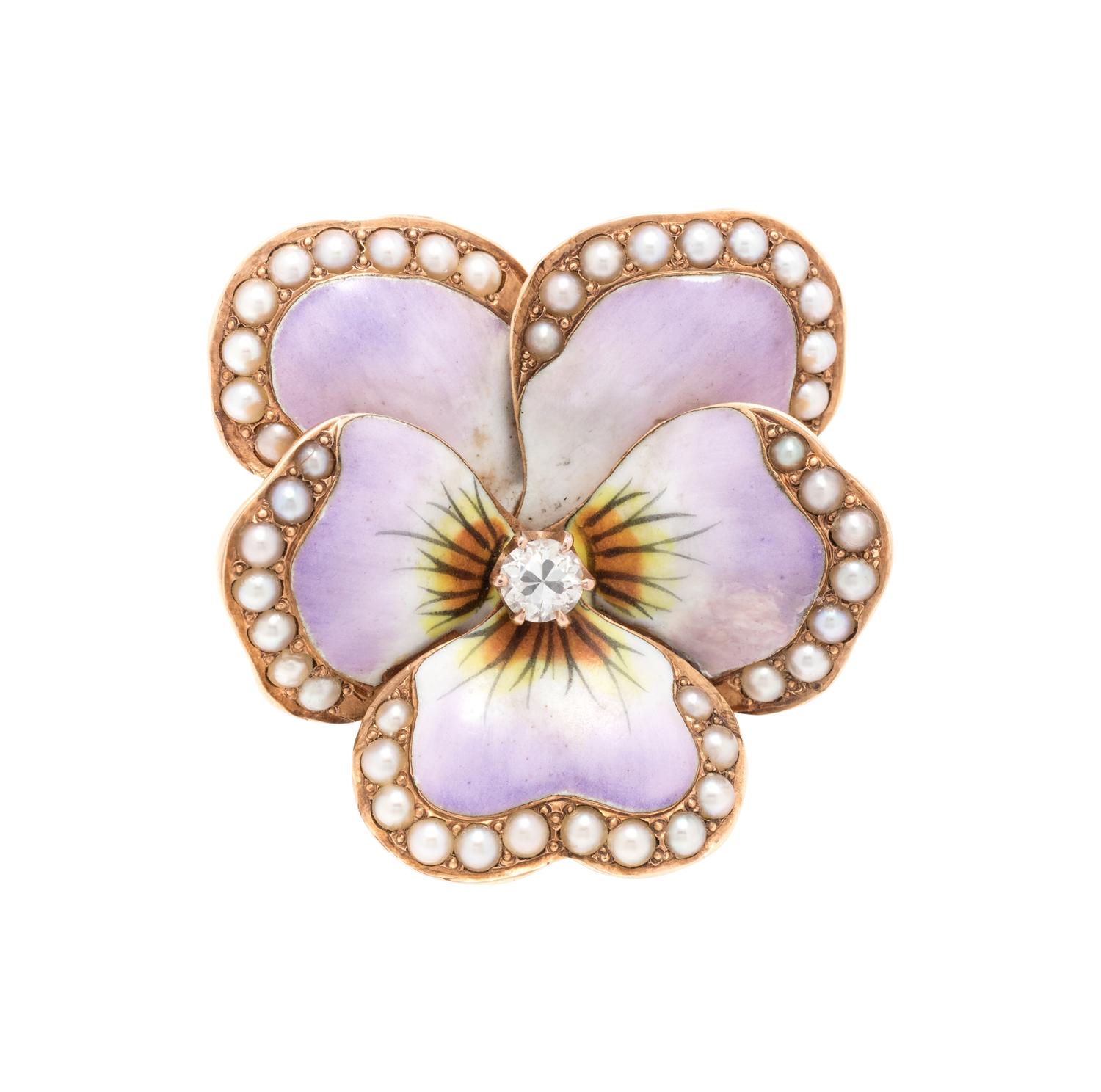 DIAMOND, SEED PEARL AND POLYCHROME ENAMEL PANSY PENDANT/BROOCH