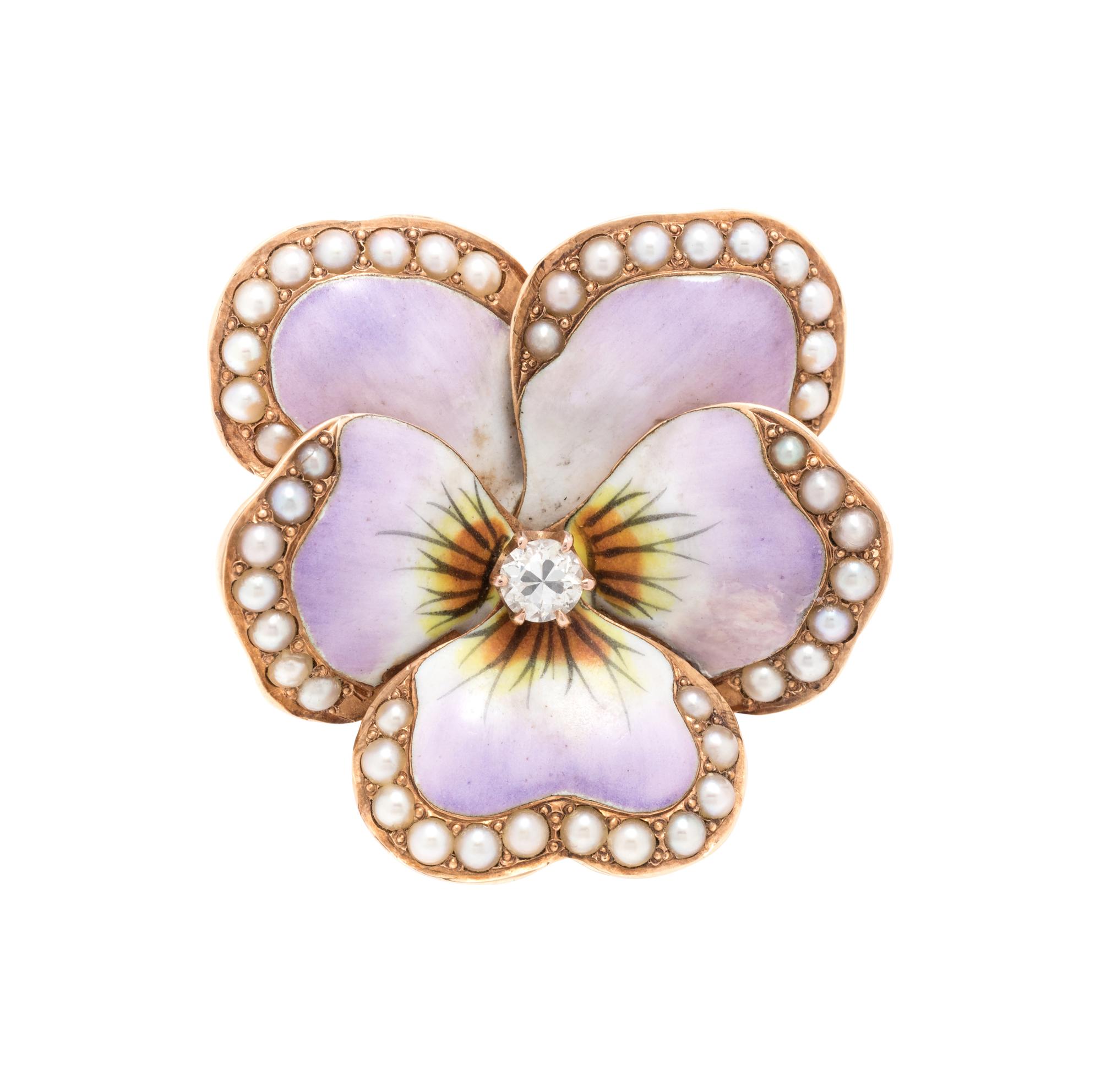 DIAMOND, SEED PEARL AND POLYCHROME ENAMEL PANSY PENDANT/BROOCH