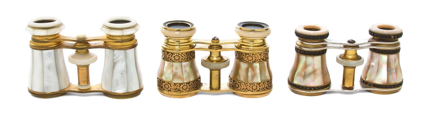 Three Pairs of Mother-of-Pearl Veneered Opera Glasses, Width of widest 3 7/8 inches.
