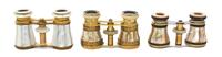 Three Pairs of Mother-of-Pearl Veneered Opera Glasses, Width of widest 3 7/8 inches.