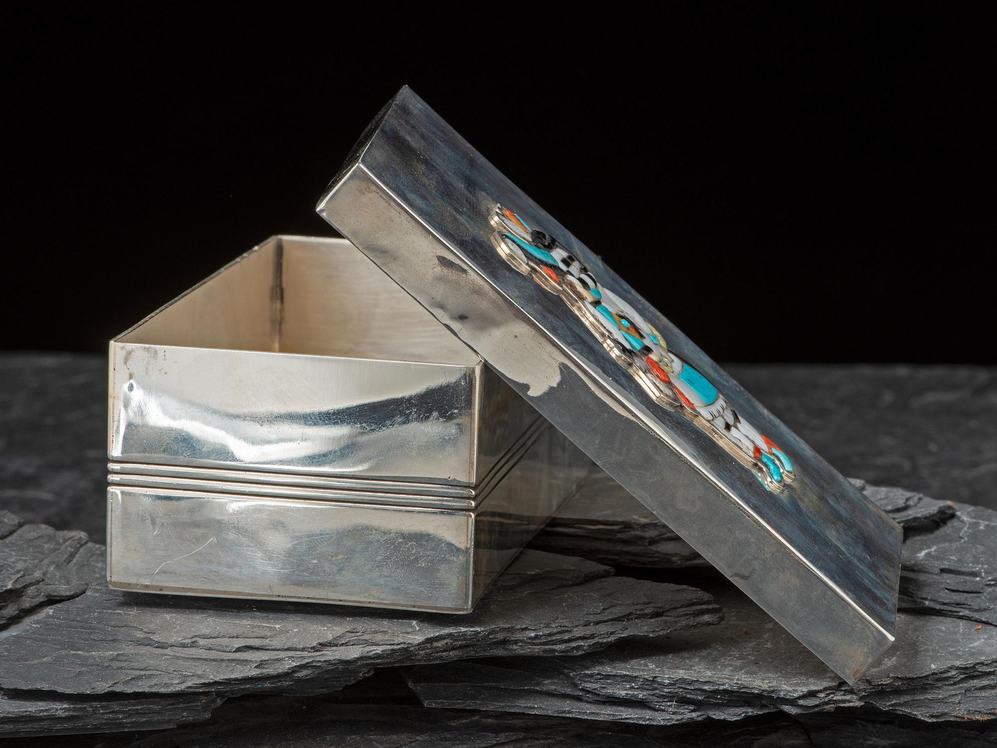 Mosaic Inlay Long Horn Katsina Figure on Navajo Sterling Silver Box