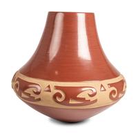Carved Redware Pottery Jar, with Sikyatki-style Birds