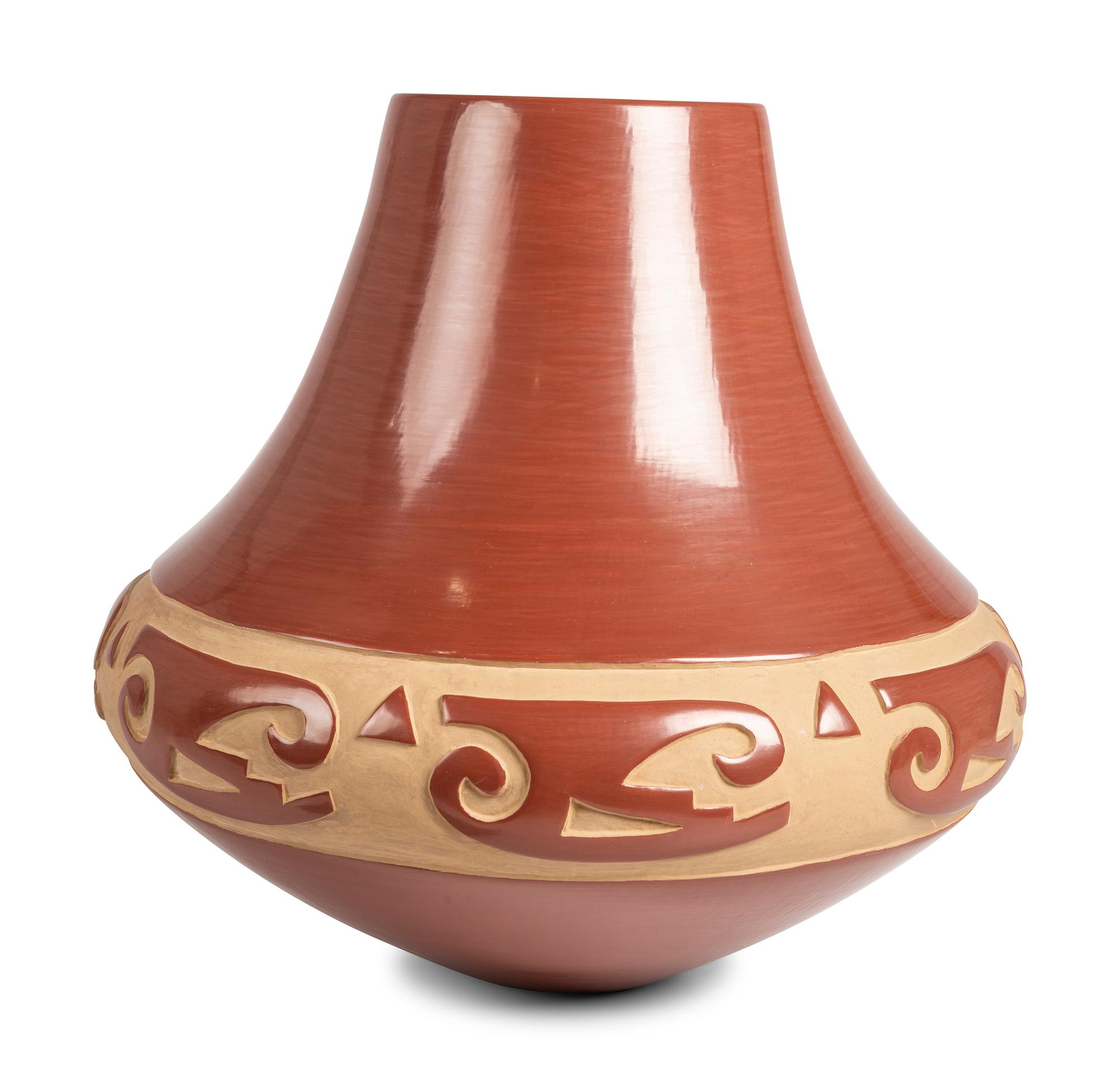 Carved Redware Pottery Jar, with Sikyatki-style Birds