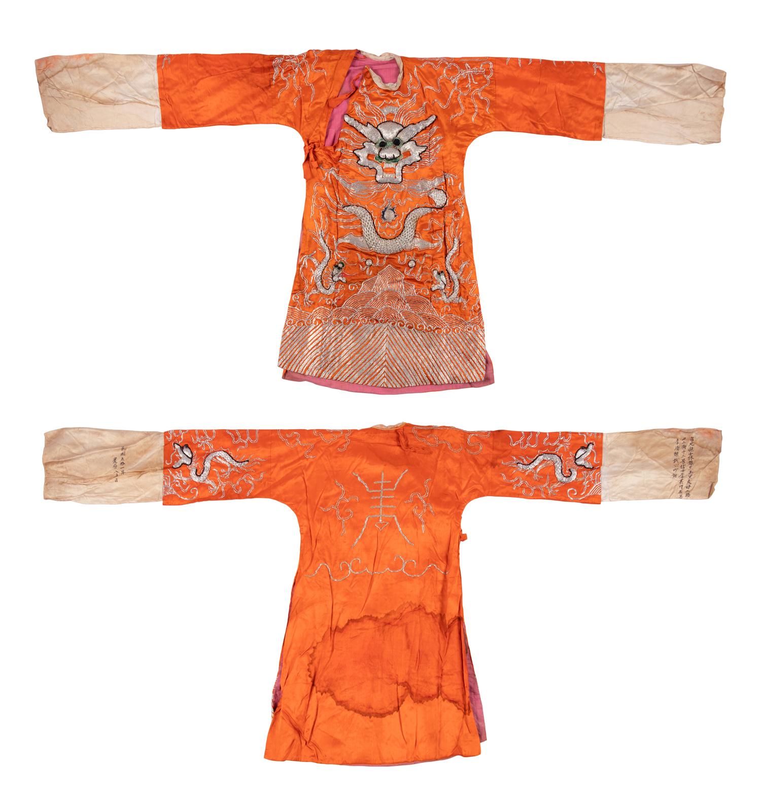 Two Chinese Orange Ground Embroidered Silk Theatrical Robes and A Cape