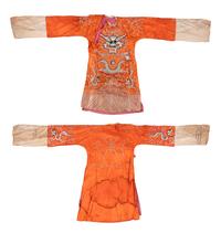 Two Chinese Orange Ground Embroidered Silk Theatrical Robes and A Cape