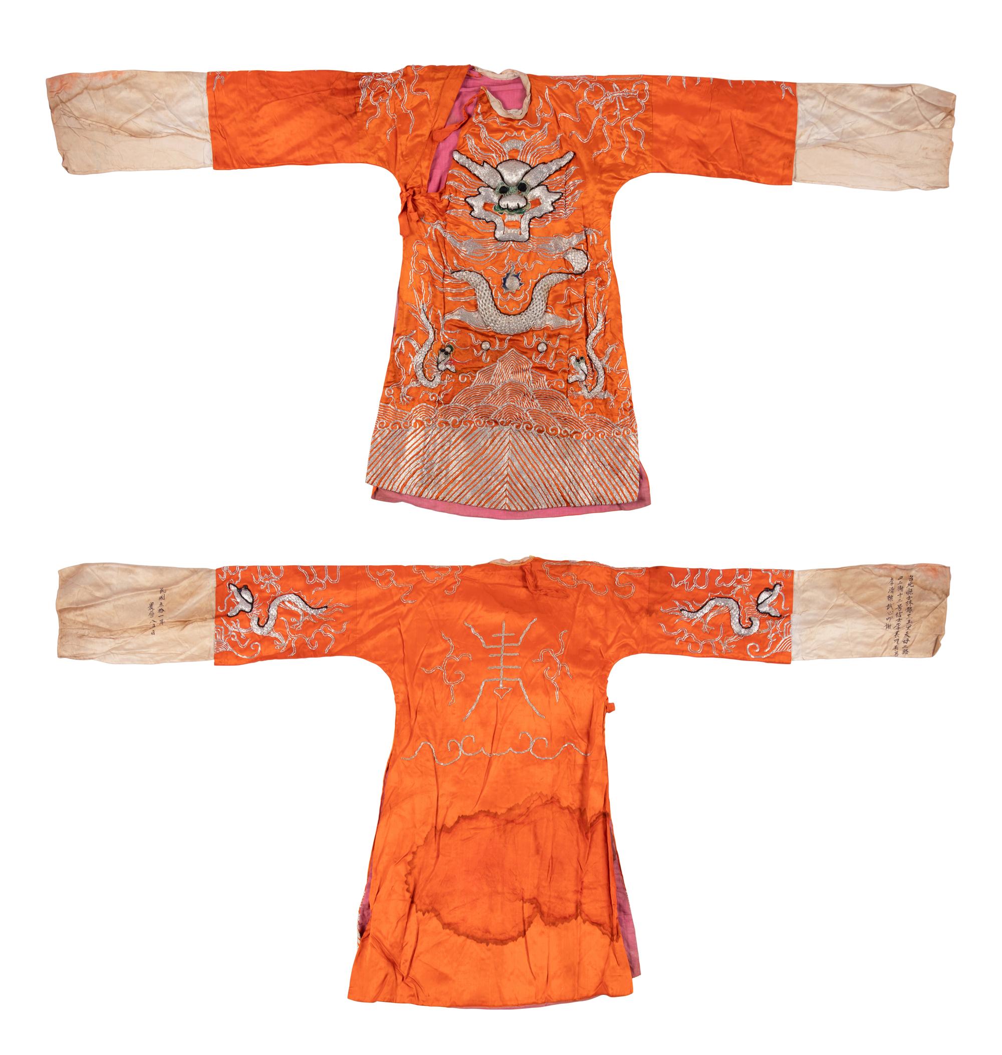Two Chinese Orange Ground Embroidered Silk Theatrical Robes and A Cape