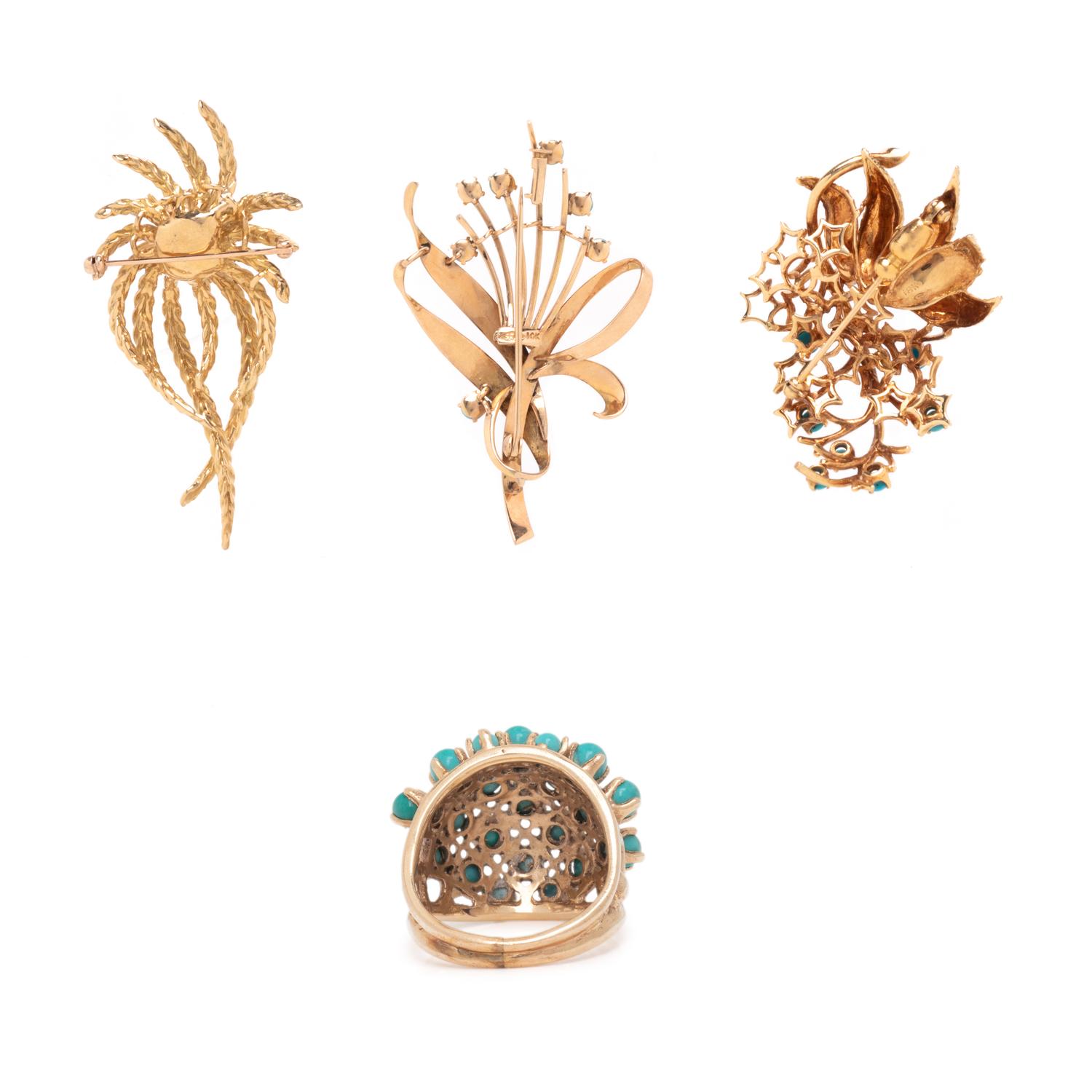 COLLECTION OF YELLOW GOLD AND TURQUOISE JEWELRY