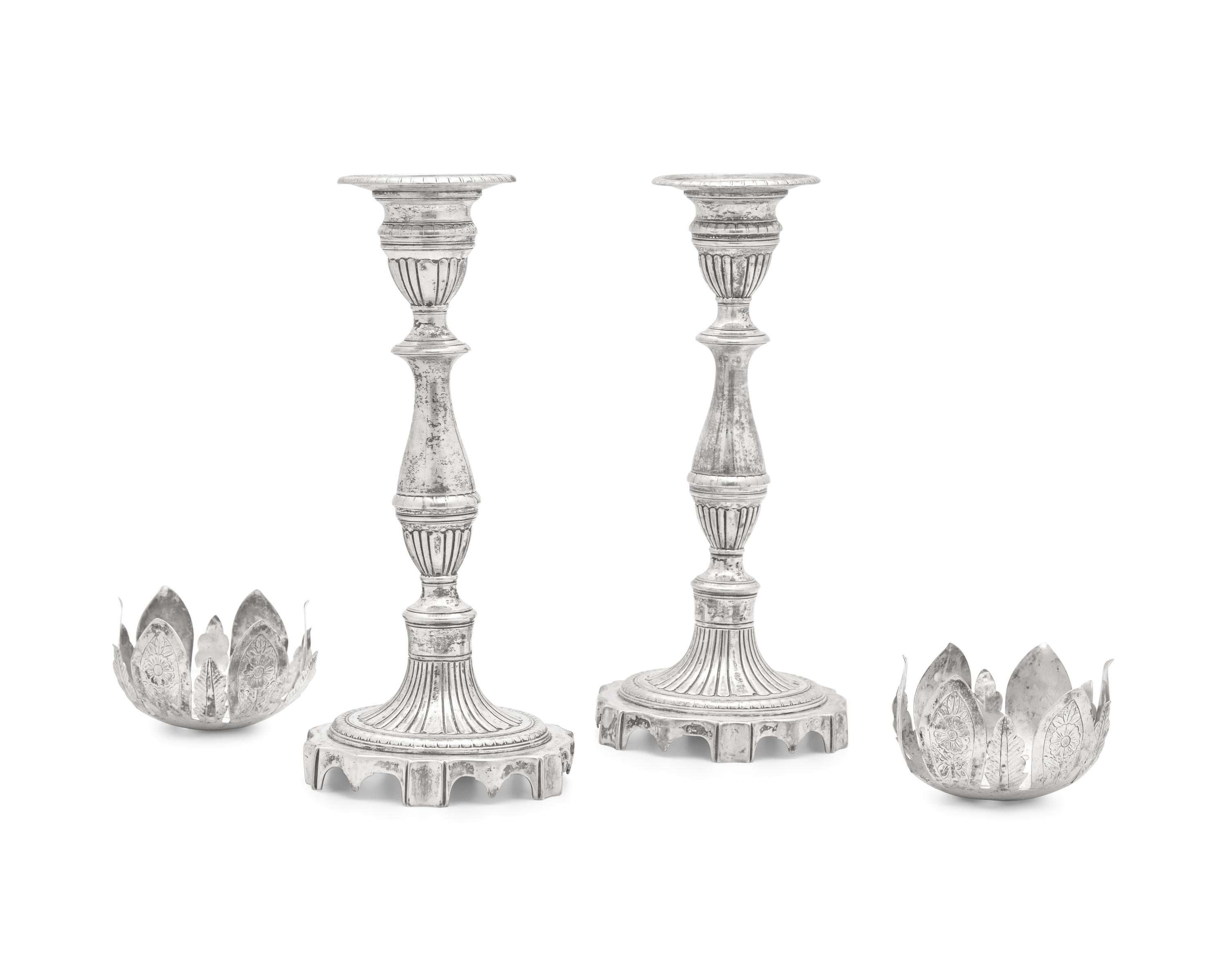 A Pair of Portuguese Silver Candlesticks With Separate Bobeches For The Brazilian Market