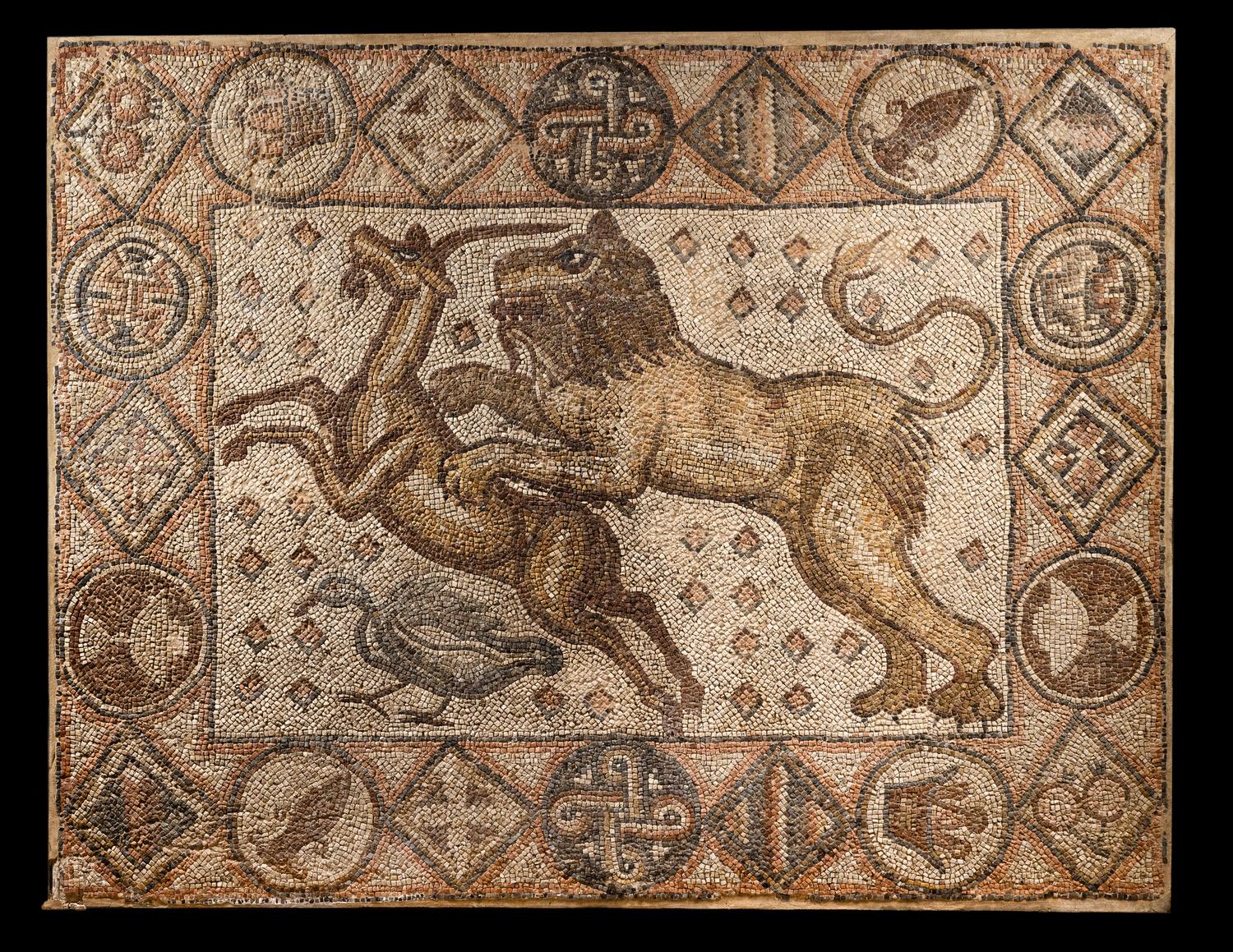 A Late Roman Stone Mosaic of a Lion Hunting Prey