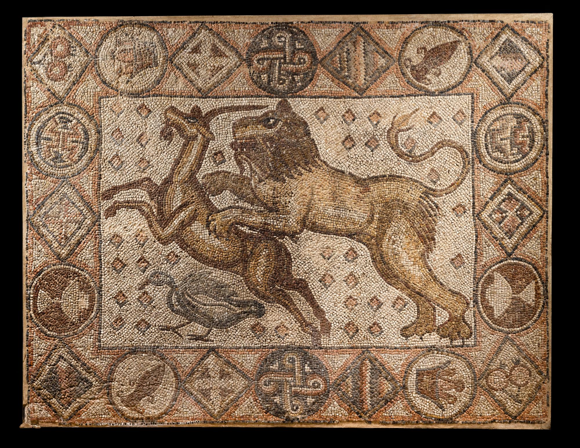 A Late Roman Stone Mosaic of a Lion Hunting Prey