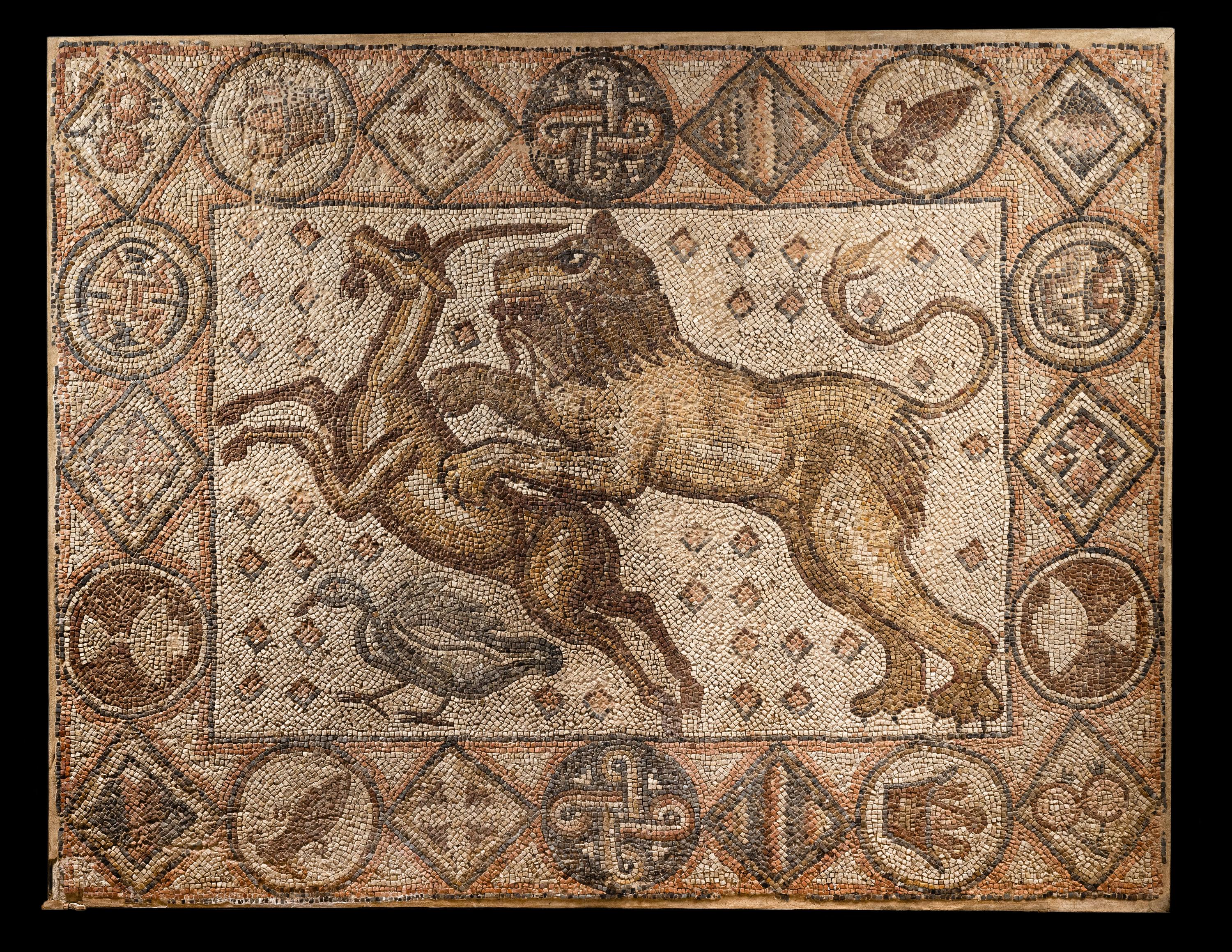 A Late Roman Stone Mosaic of a Lion Hunting Prey