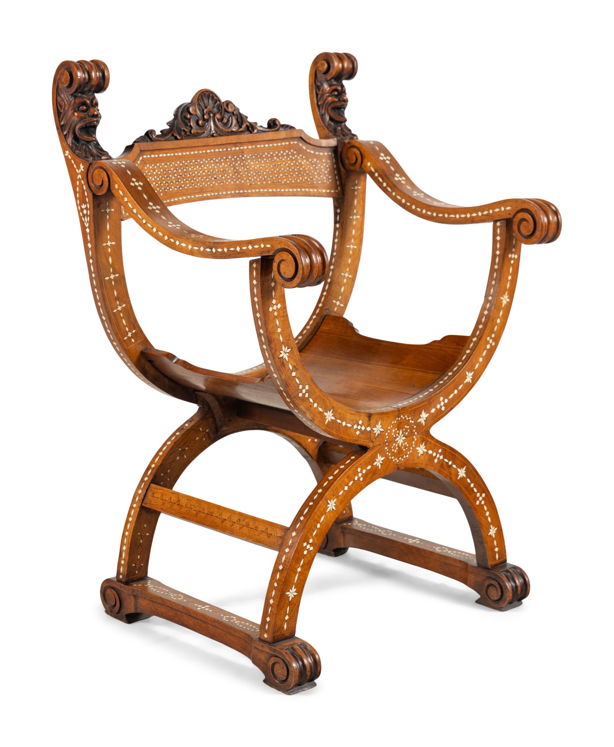 A North Italian Carved Walnut and Bone-Inlaid Savonarola Chair