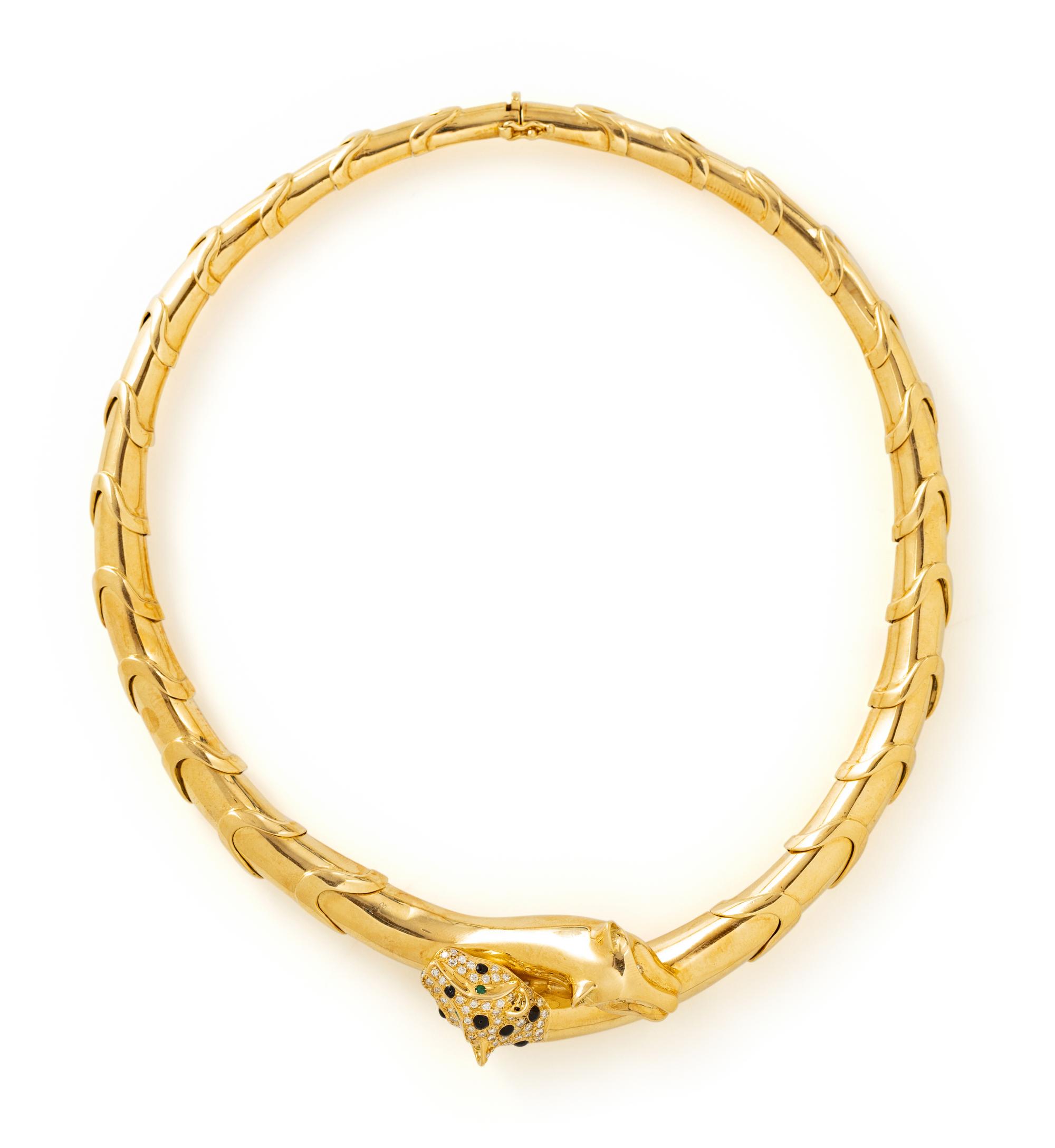 YELLOW GOLD, DIAMOND, EMERALD AND ENAMEL LEOPARD NECKLACE