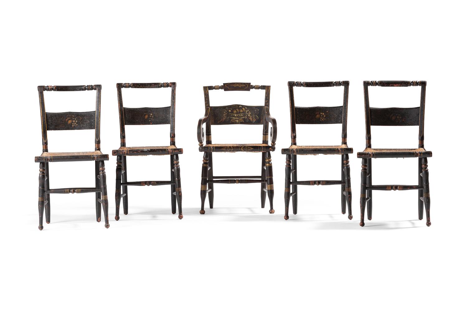 A Matched Set of Five Classical Black Painted and Stencil Decorated Rush-Seat Hitchcock Chairs