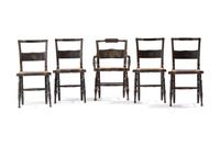 A Matched Set of Five Classical Black Painted and Stencil Decorated Rush-Seat Hitchcock Chairs