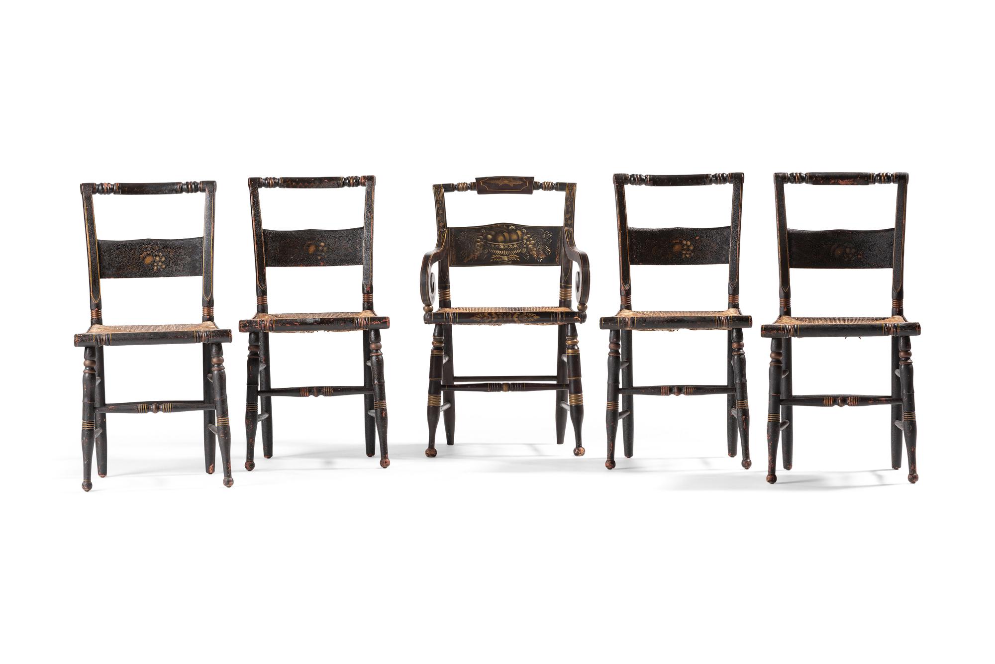 A Matched Set of Five Classical Black Painted and Stencil Decorated Rush-Seat Hitchcock Chairs