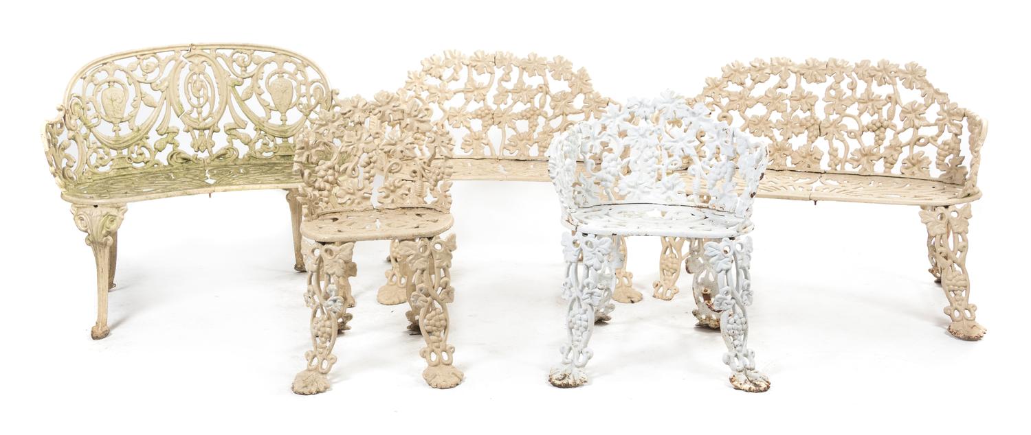 A Suite of Victorian Cast Iron Garden Furniture, Width of first 32 inches.
