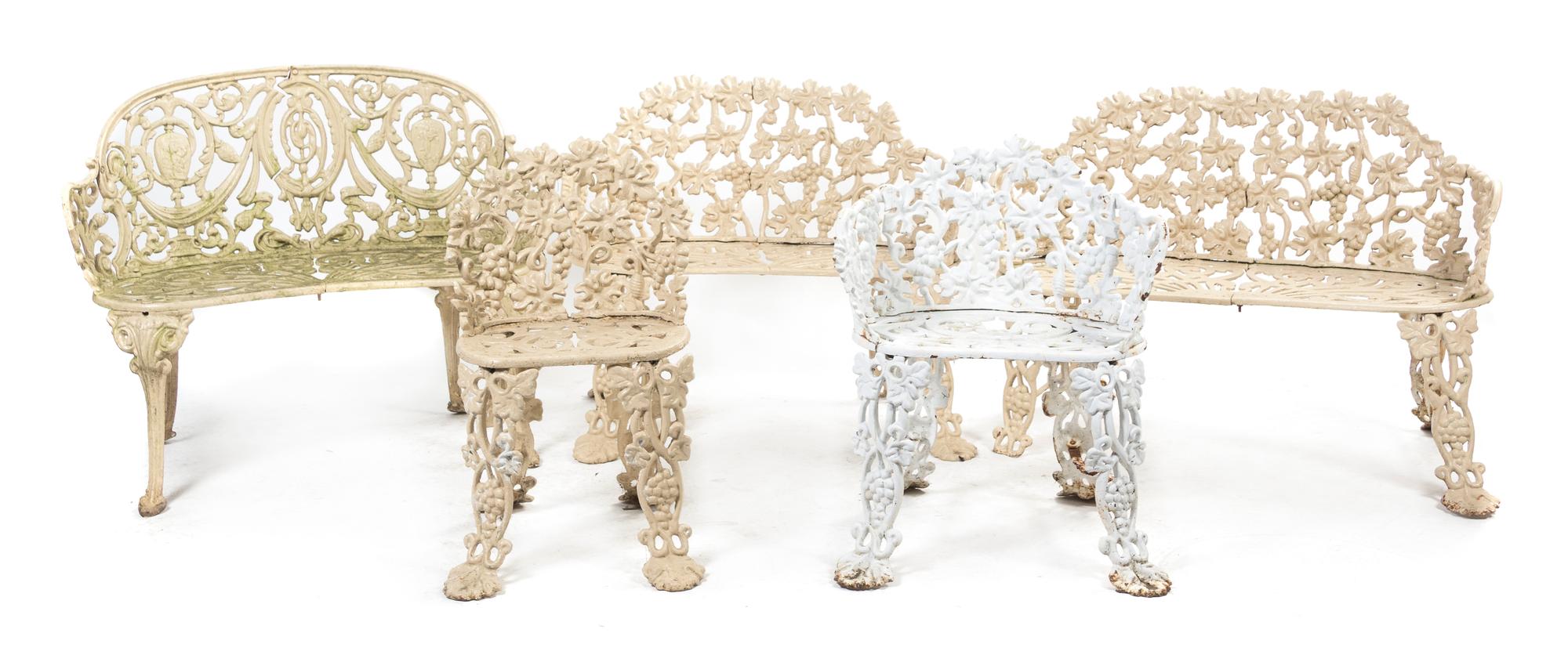 A Suite of Victorian Cast Iron Garden Furniture, Width of first 32 inches.