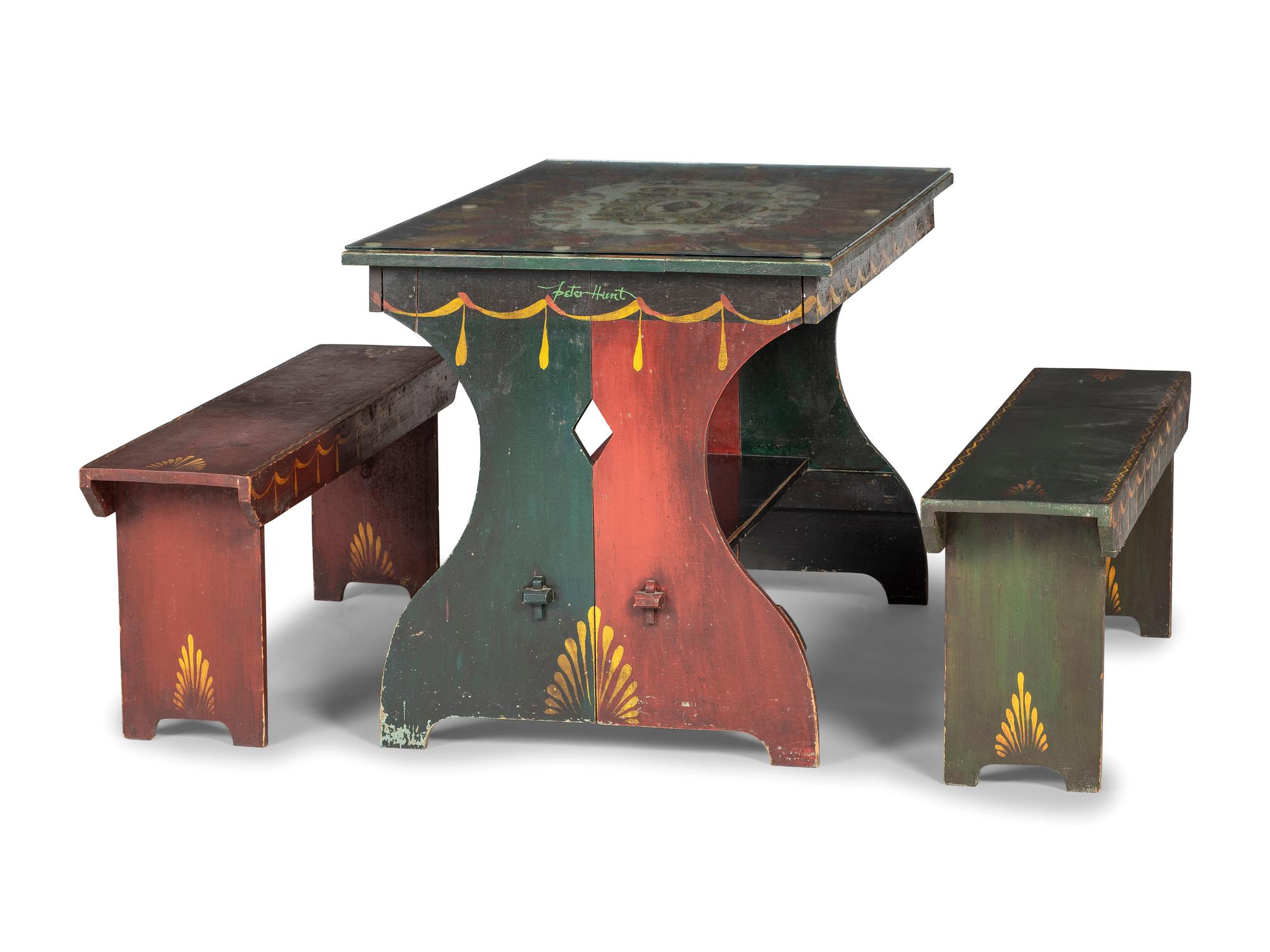 A Peter Hunt Paint-Decorated Dining Table and Benches