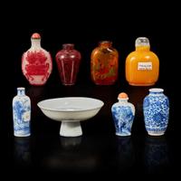 Seven assorted glass, porcelain snuff bottles; a vase; and a small blue and white porcelain tazza