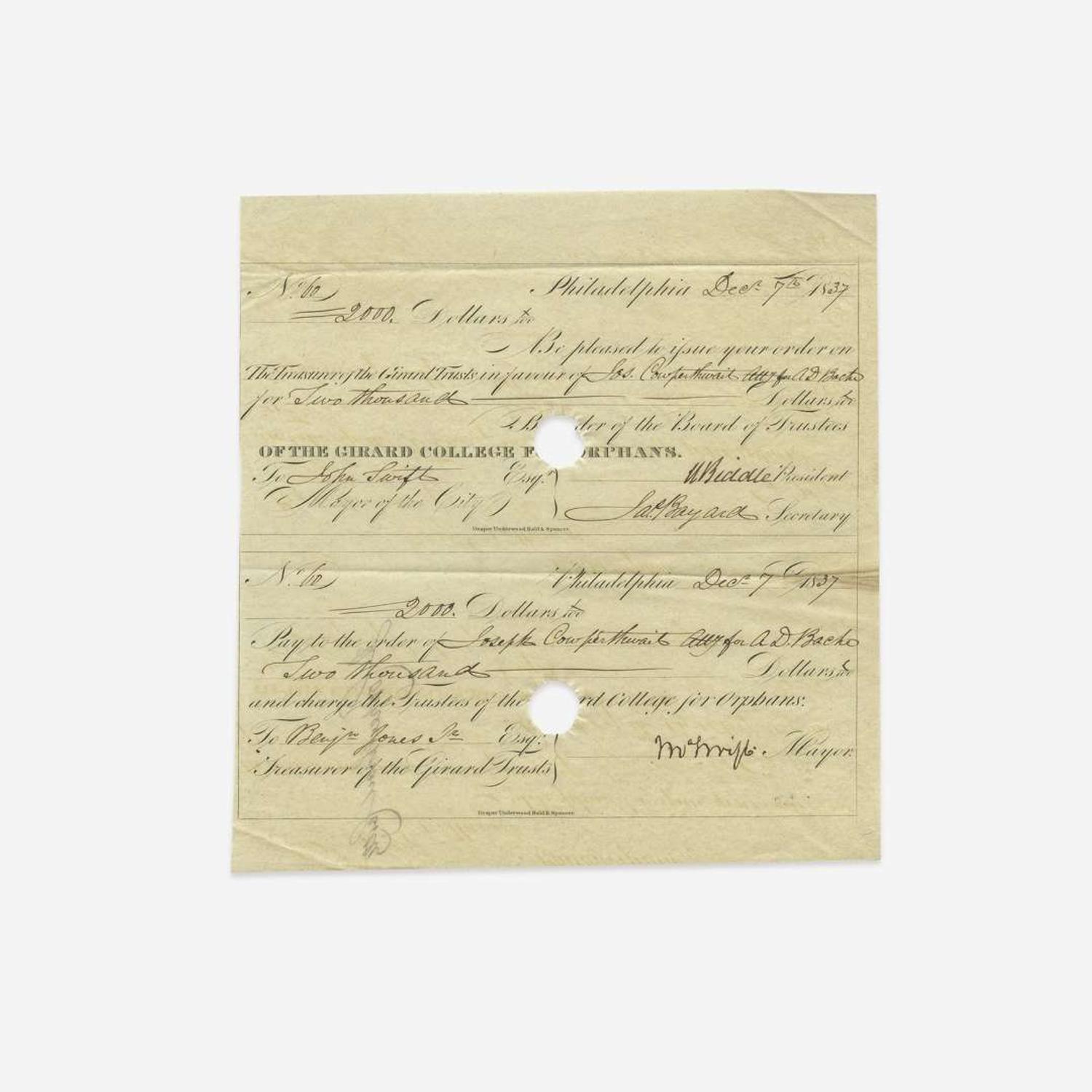 [Philadelphia] [Girard College] Biddle, N(icholas). Partially-Printed Document