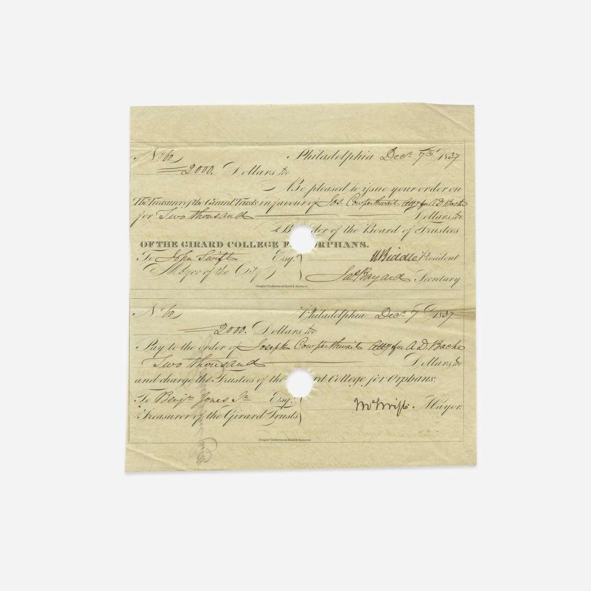 [Philadelphia] [Girard College] Biddle, N(icholas). Partially-Printed Document