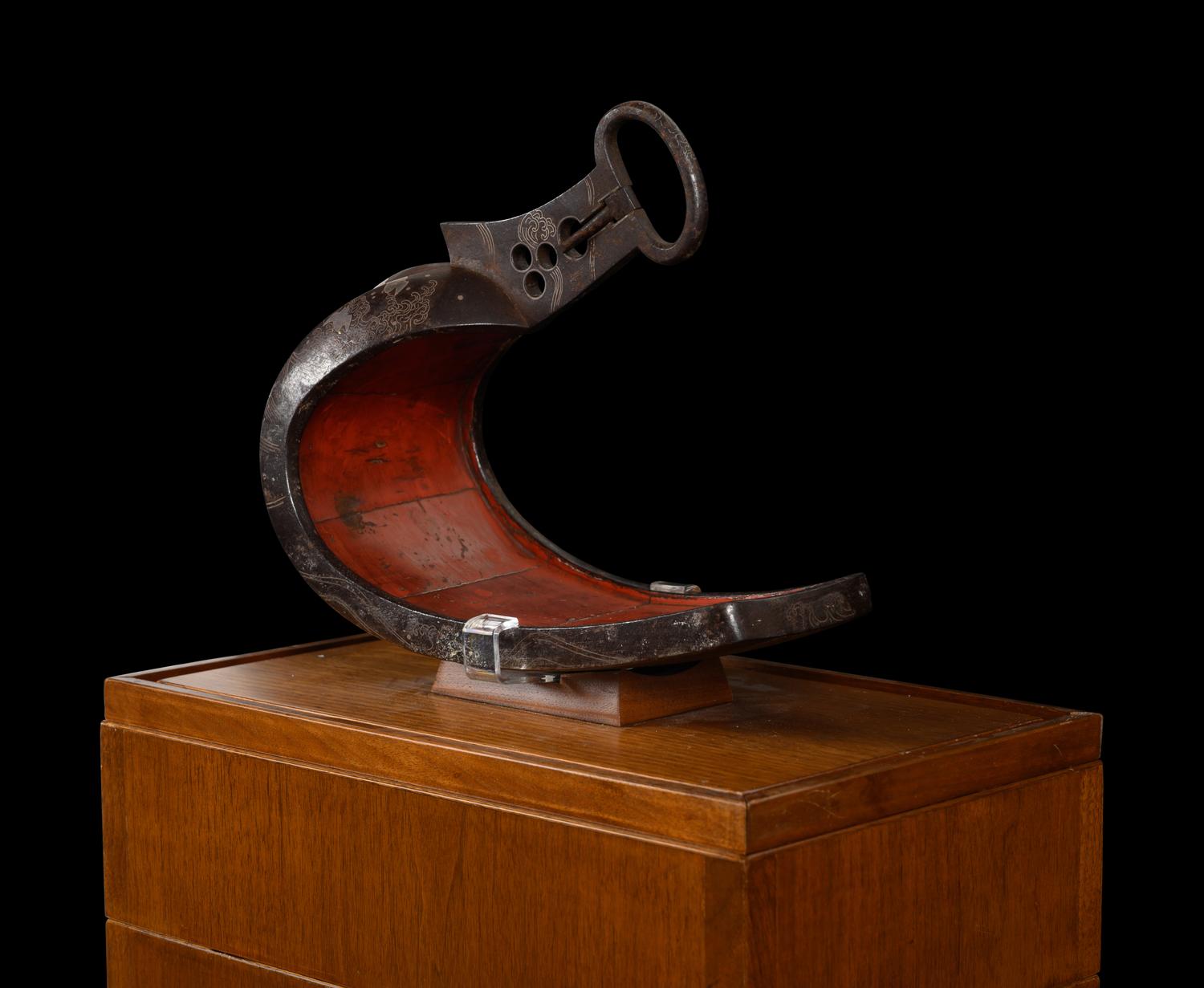 A Japanese Bronze Stirrup in a Walnut and Acrylic Pedestal Vitrine
