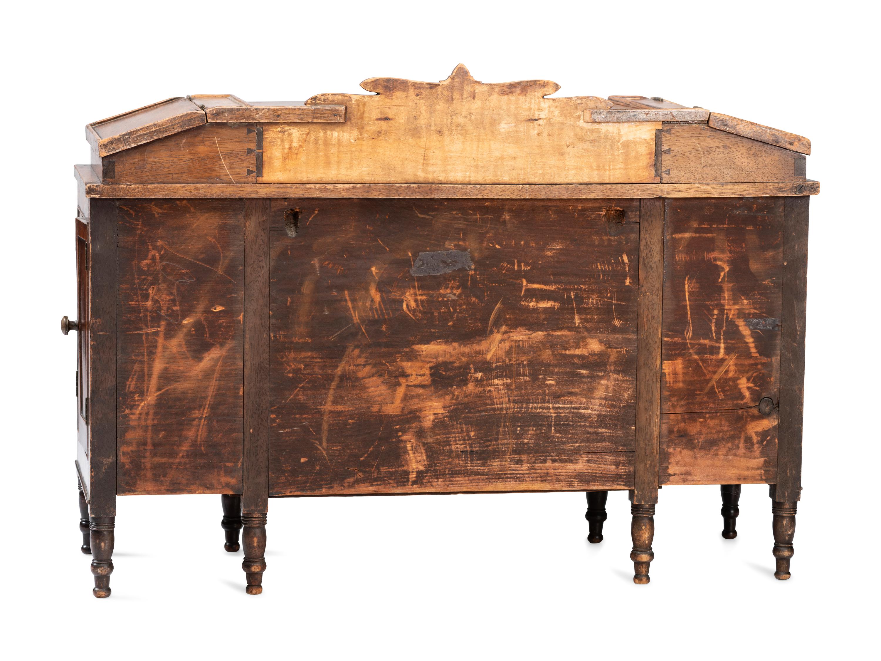A Miniature Late Federal Tiger Maple and Walnut Hinged Lid Sideboard