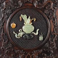 A Chinese Hardwood Jade and Hardstone Inset Square-Corner Cabinet, Fangjiaogui, 20th Century 近代 黑漆硬木嵌寳博古圖方角櫃