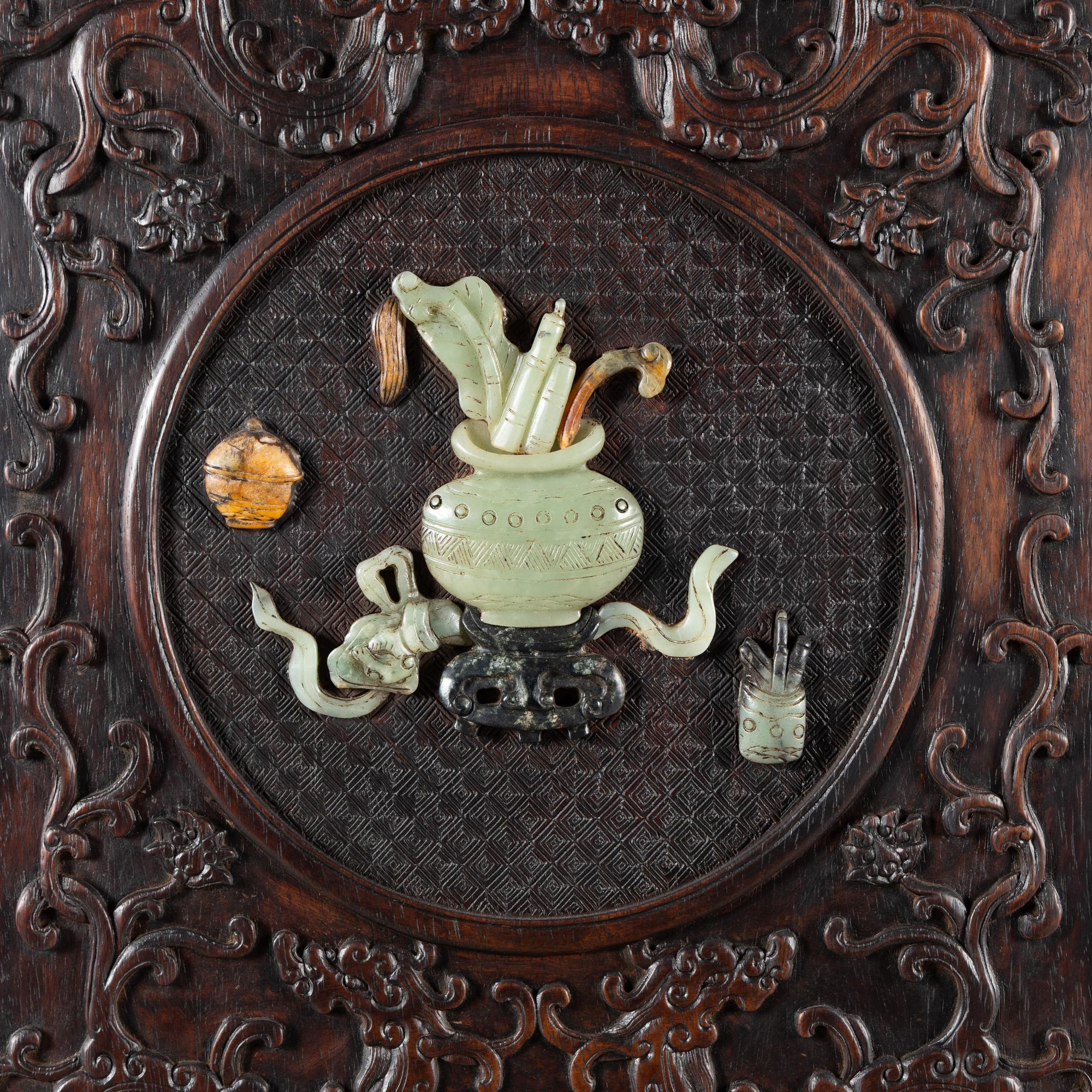 A Chinese Hardwood Jade and Hardstone Inset Square-Corner Cabinet, Fangjiaogui, 20th Century 近代 黑漆硬木嵌寳博古圖方角櫃