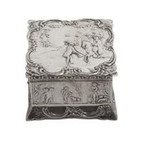 A Dutch Silver Box, , of square form, having allover chased designs, the hinged lid depicting a landscape with a figure on horseback wi