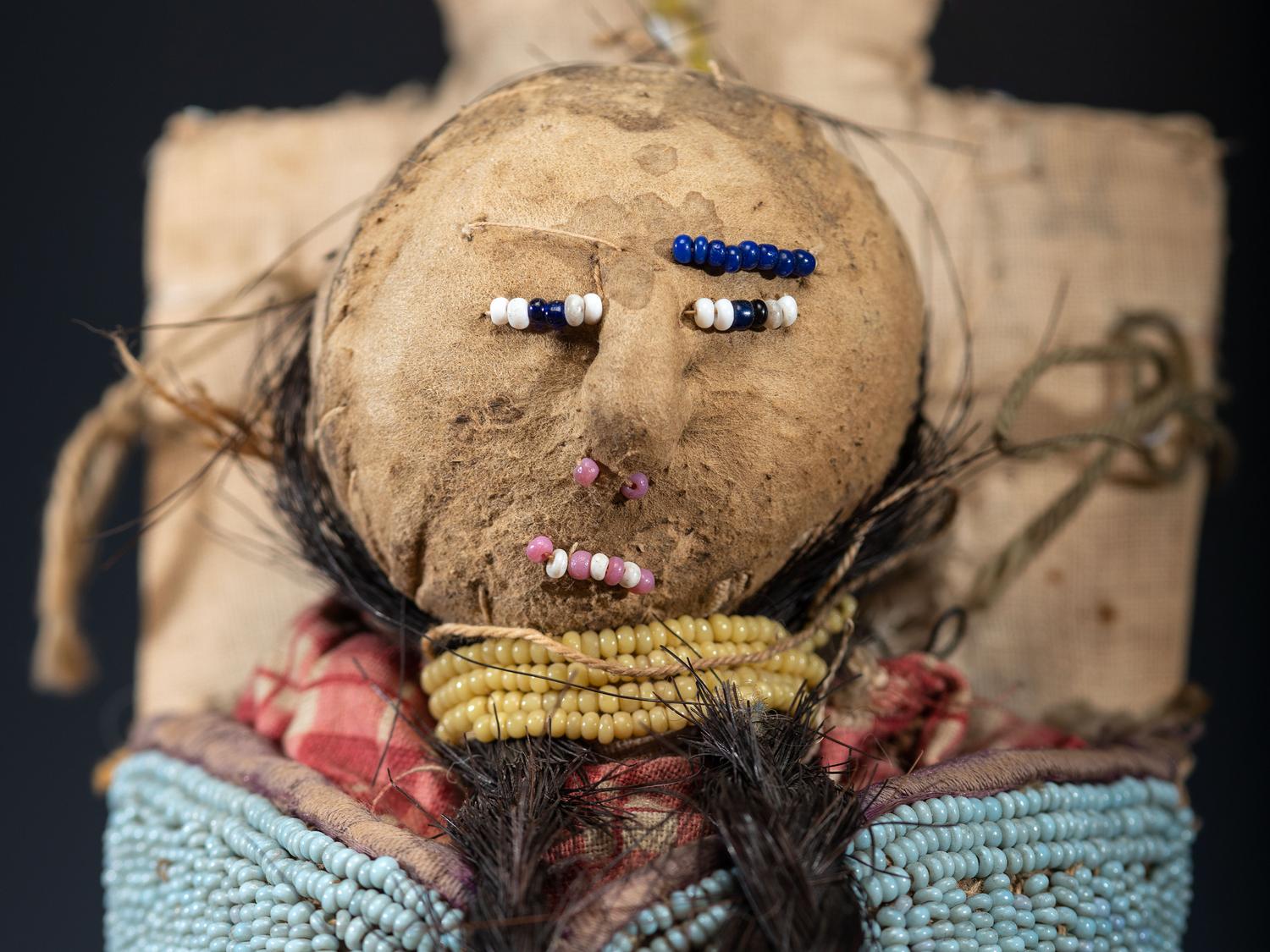 Nez Perce Beaded Pictorial Toy Cradle, with Doll