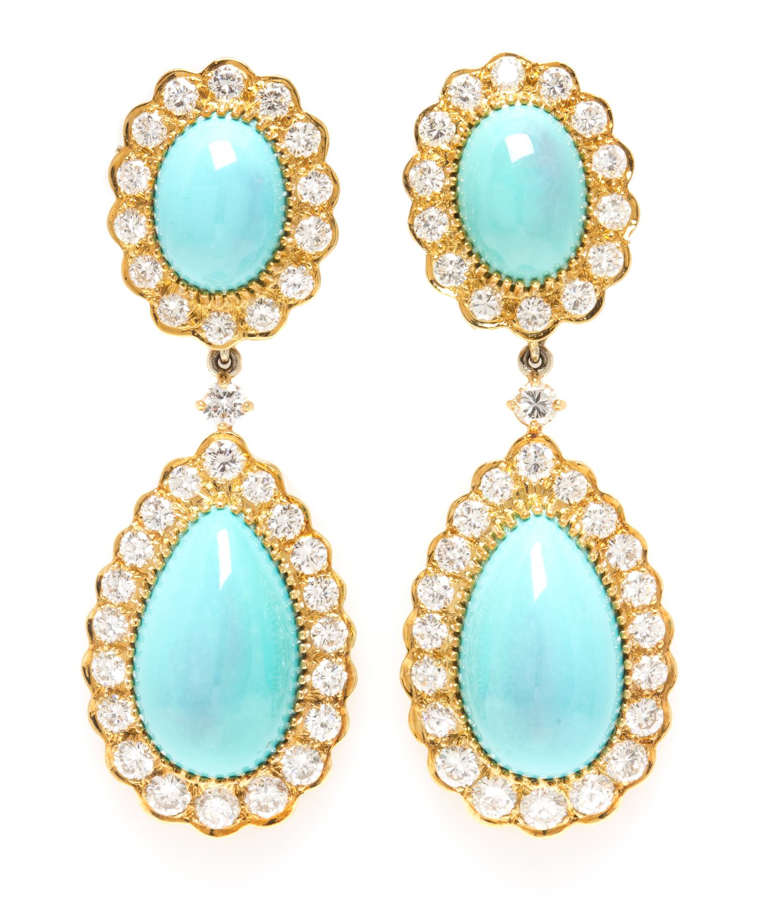 A Pair of Yellow Gold, Turquoise and Diamond Pendant Convertible Earclips, 18.00 dwts.